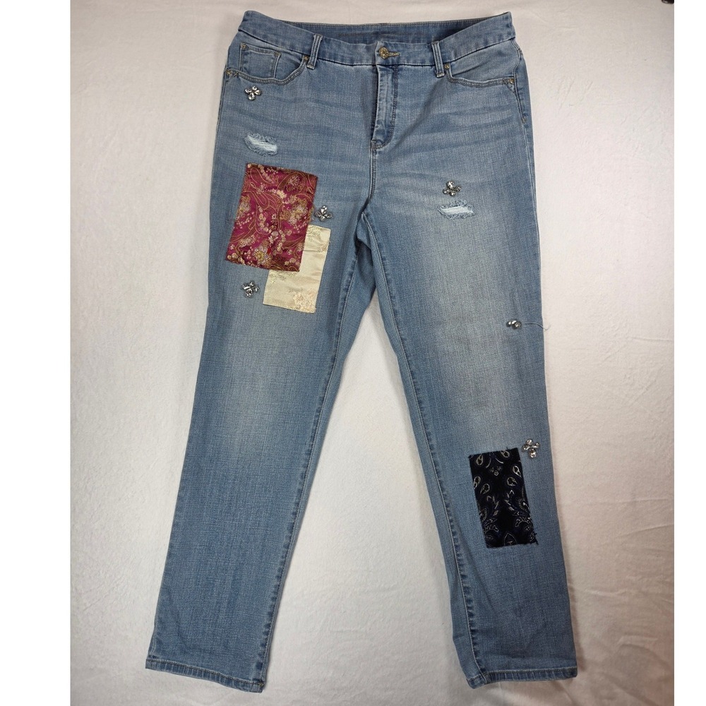 Chico's Slim Leg Ankle Stretchy Blue Jean Patchwork Rhinestone Embellished sz 16